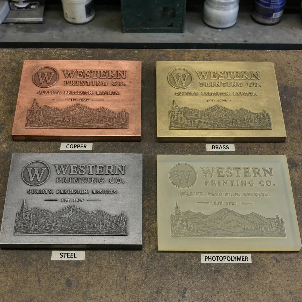 An array of different die materials including copper, brass, and photopolymer plates for luxury printmaking