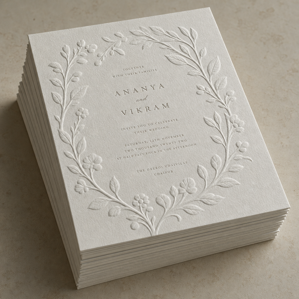 Stack of blind embossed wedding invitations featuring an inkless raised floral wreath border on thick cotton rag paper