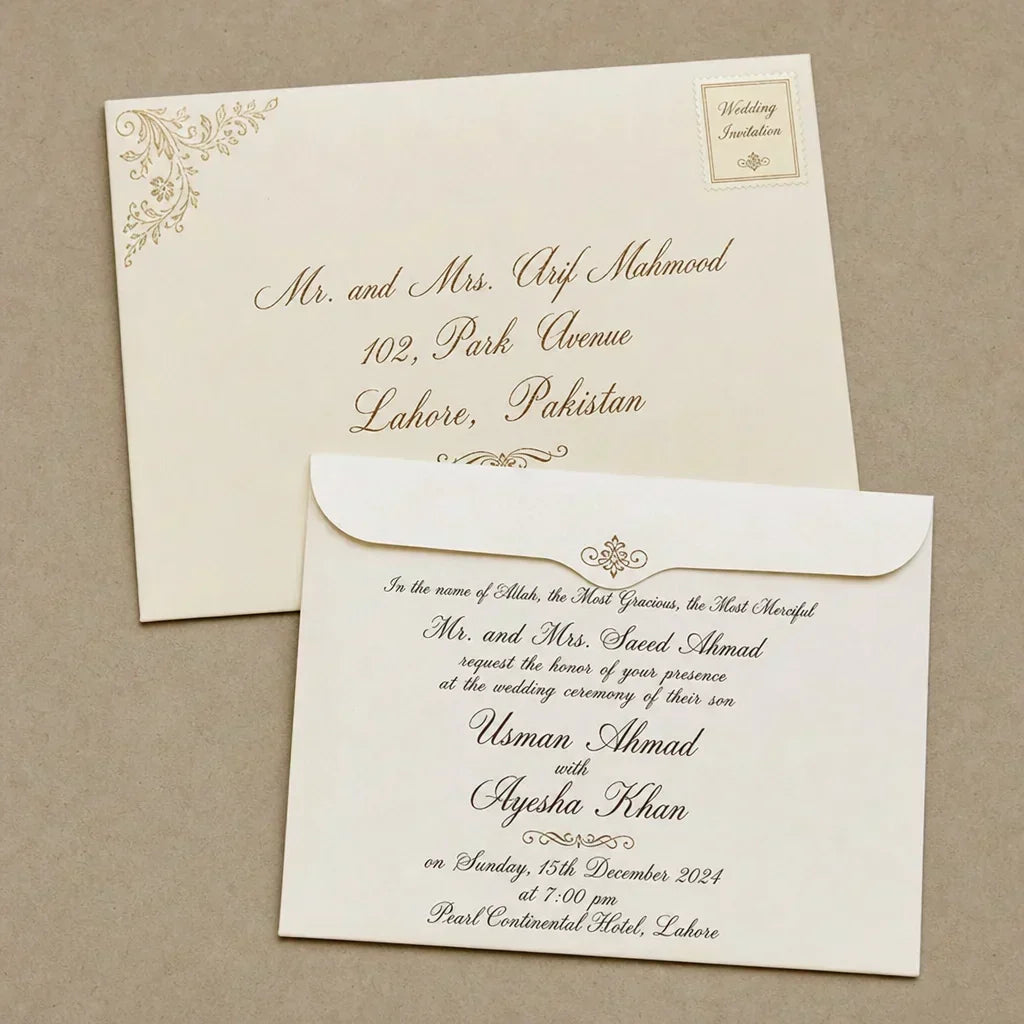 Formal hand calligraphy on wedding invitation envelopes with wax seal detail
