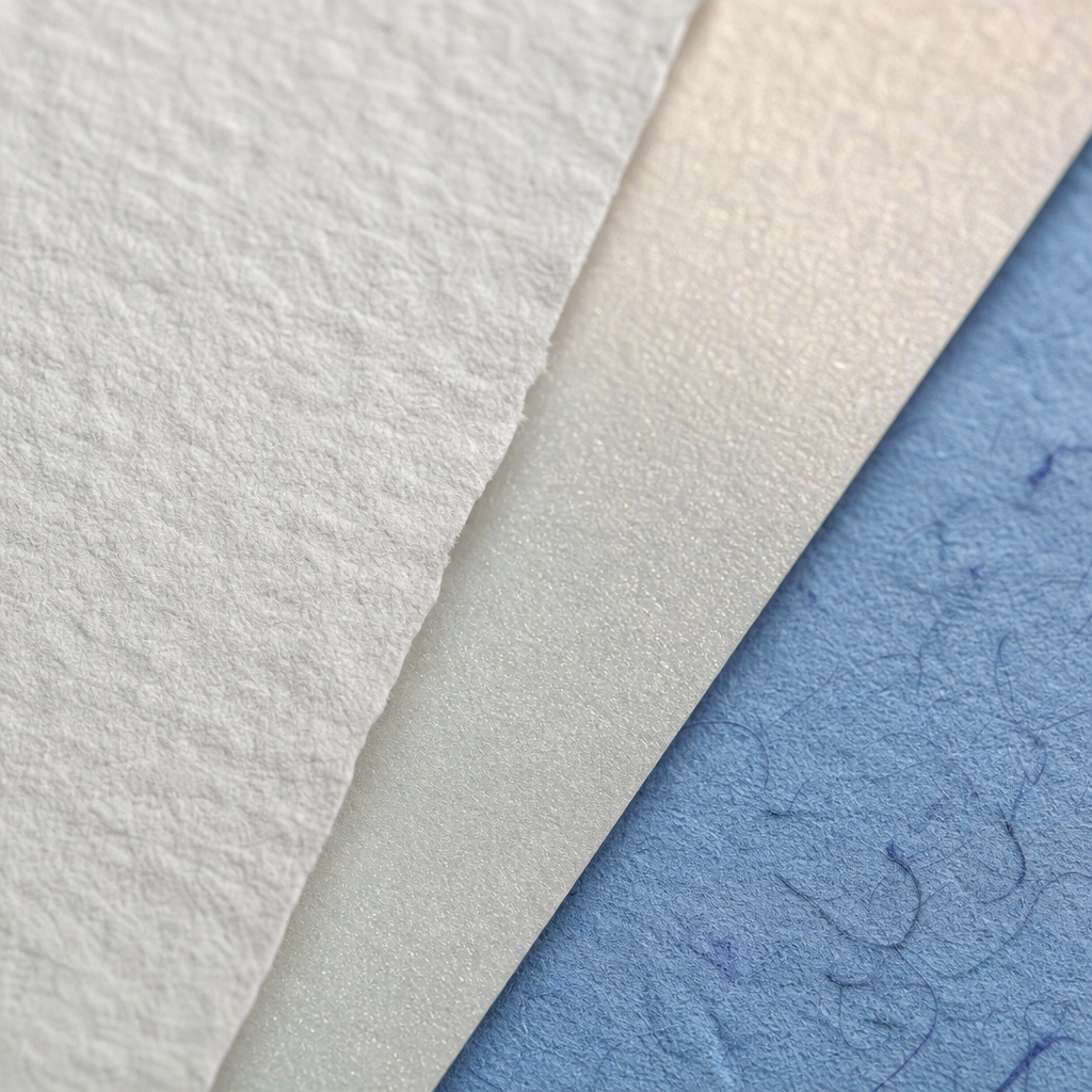 Side-by-side comparison of premium cotton paper swatches from Fedrigoni, Gmund, and Cordenons for luxury wedding invitations