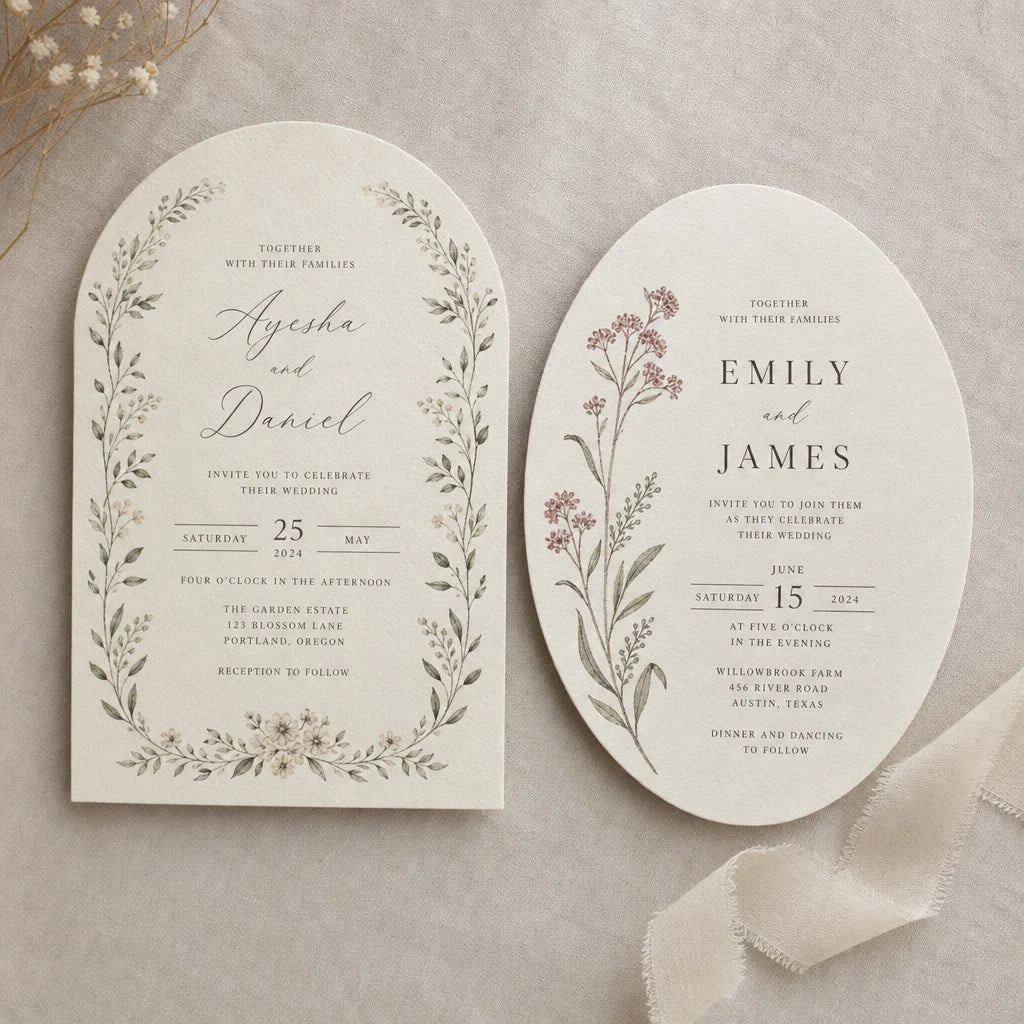 Custom-shaped luxury wedding invitation suite featuring arched cardstock with letterpress printing