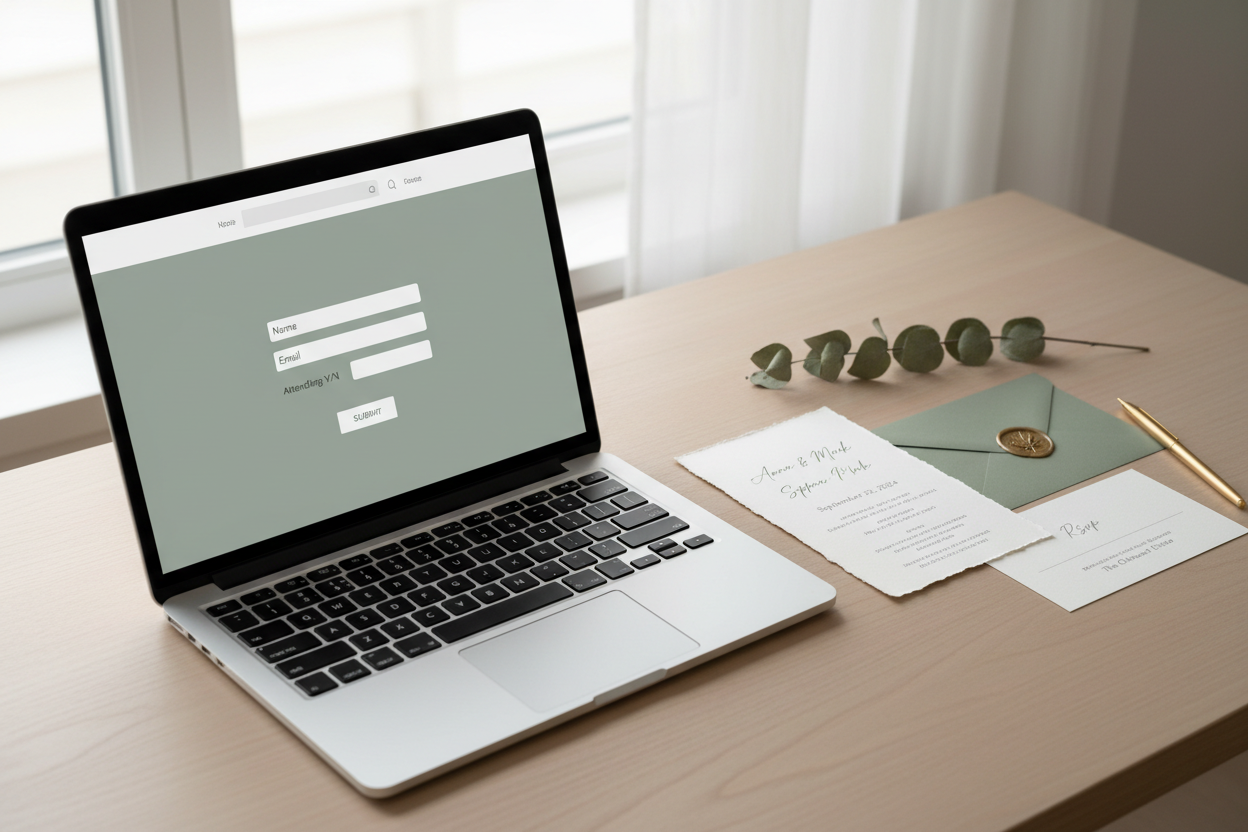 Minimalist wedding RSVP digital portal on laptop screen beside a printed invitation suite on a clean desk in soft daylight