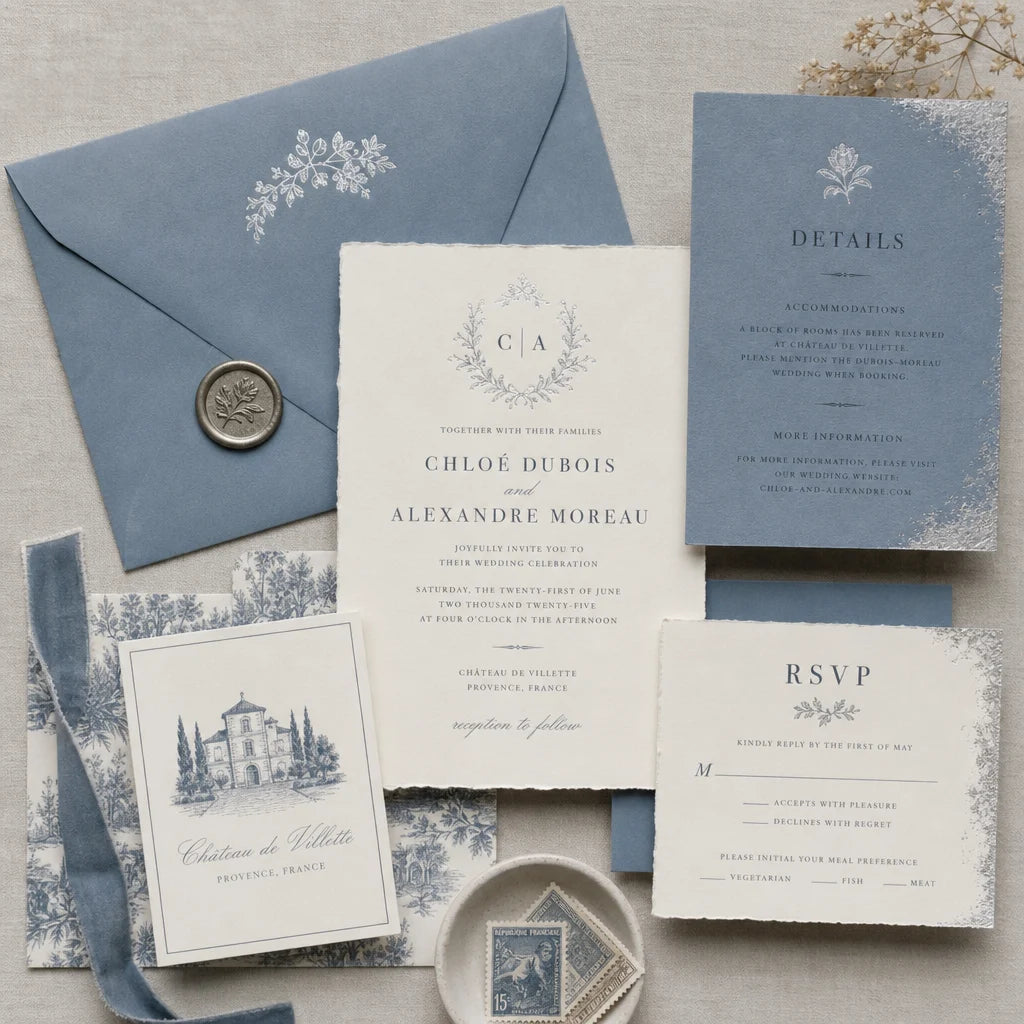 Luxury wedding stationery in dusty French blue with minimalist typography and soft metallic foil details