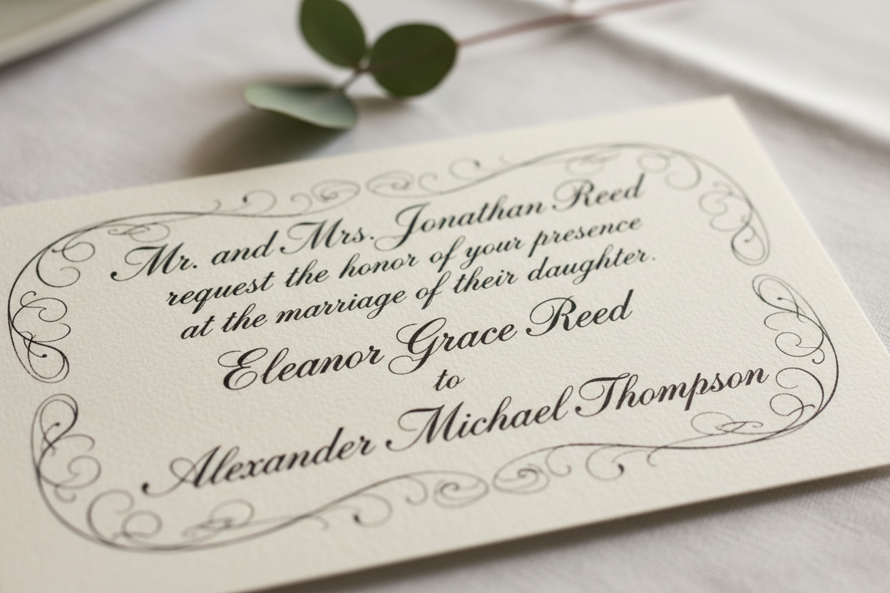 Close-up of formal wedding invitation wording with host lines and couple names in classic Copperplate calligraphy on thick ecru cotton cardstock
