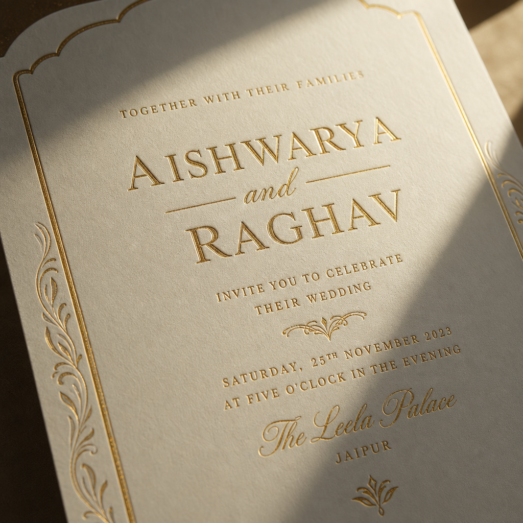 Luxury wedding invitation with hot foil stamped gold typography, botanical border frame, and arched die-cut edge on ivory cotton cardstock