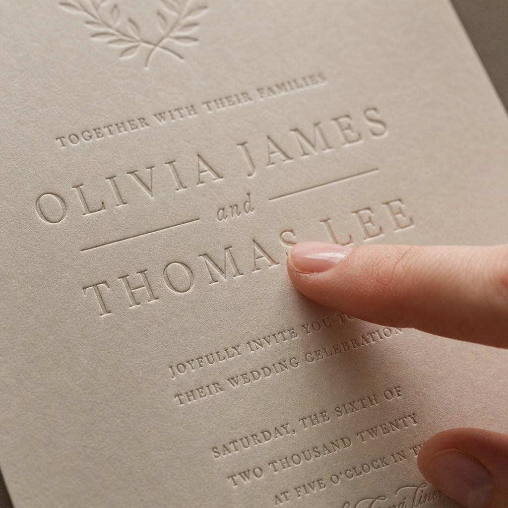 Close-up of a letterpress-printed wedding invitation on cotton rag paper showing deep debossed typography and blind-embossed botanical motif