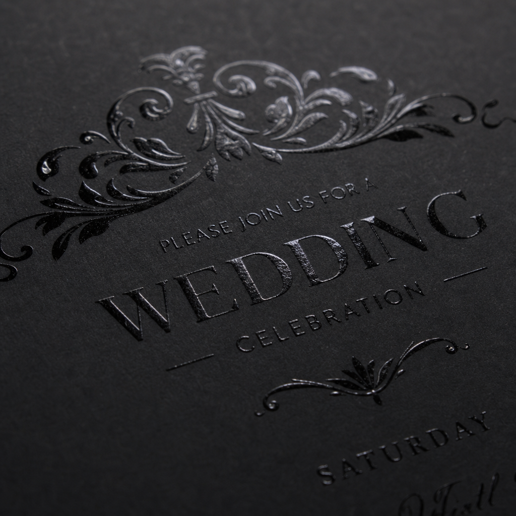 Macro close-up of Spot UV gloss finish on black matte cardstock, showing reflective clear polymer over serif and script typography with baroque ornamental details