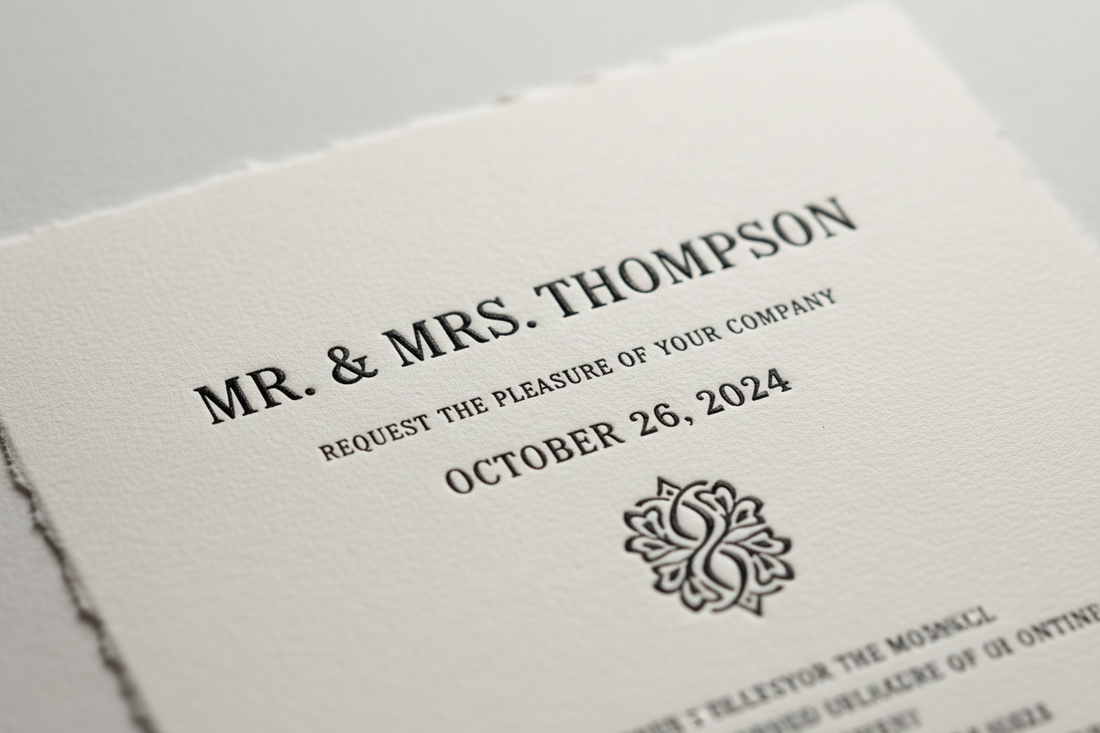 Close-up of a thermography-printed wedding invitation on cream cotton cardstock, showing raised glossy black serif typography catching soft studio light