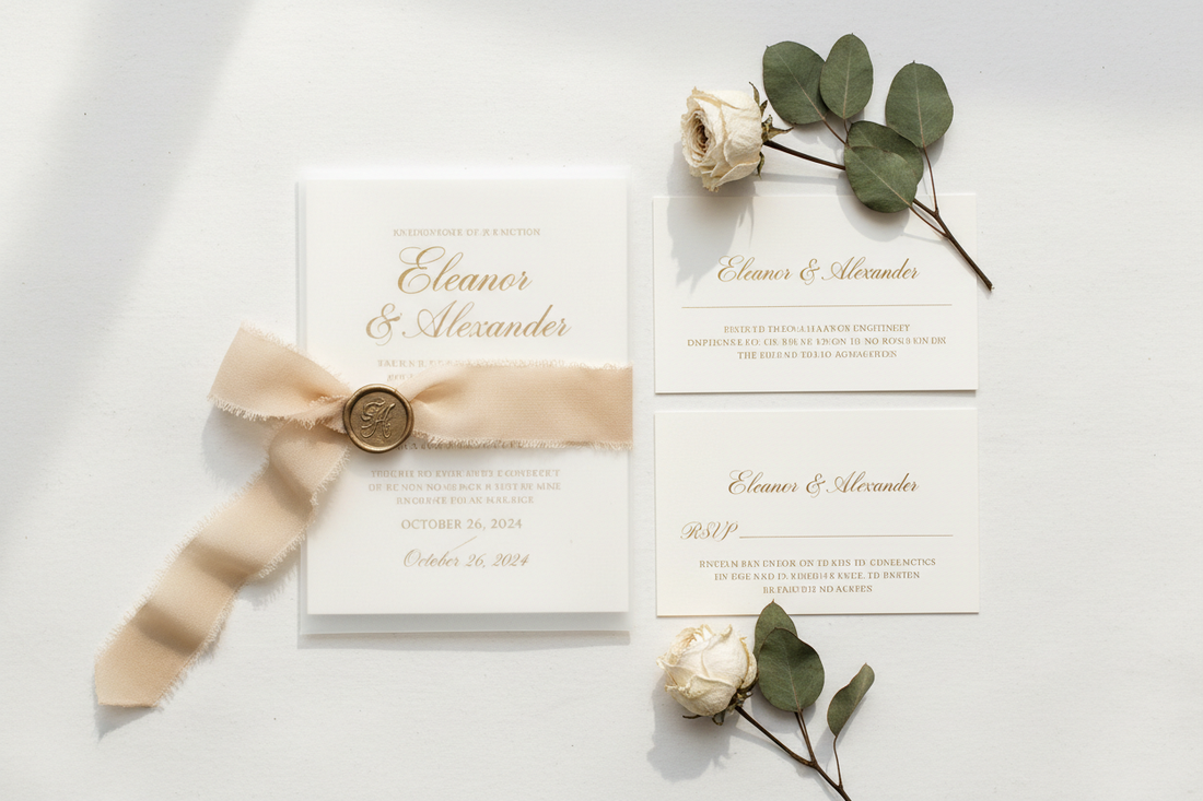 Luxury wedding invitation suite with translucent vellum overlay jacket revealing typography beneath, secured with raw silk ribbon