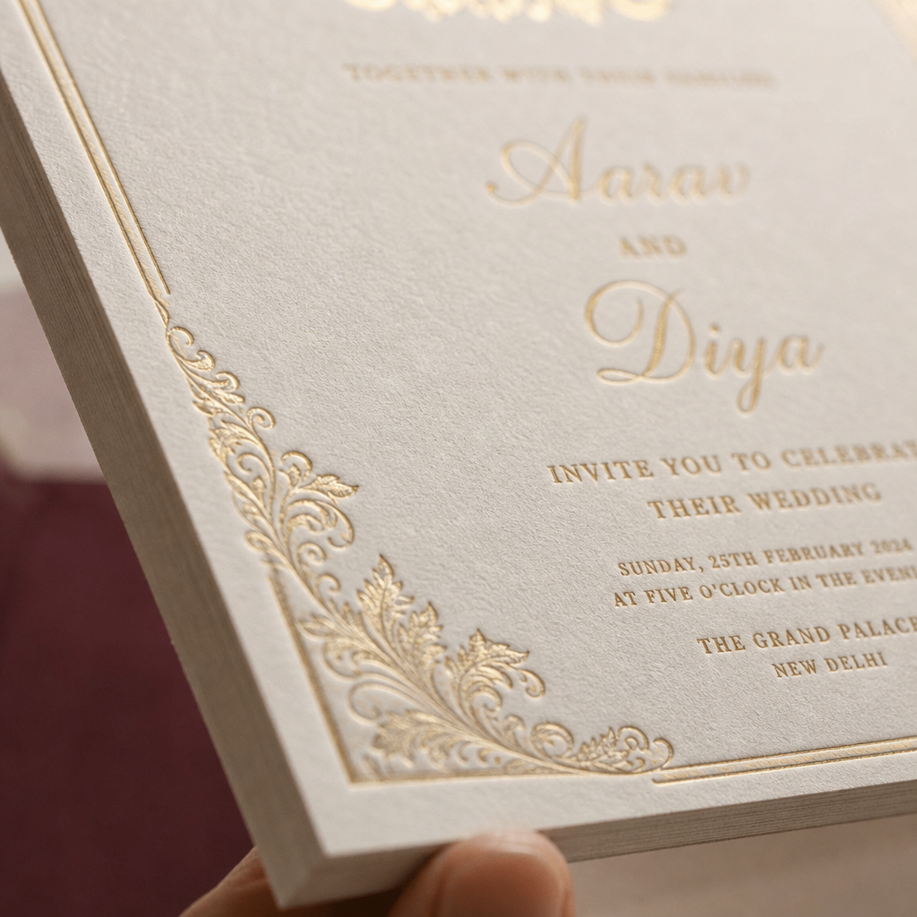 300 gsm and 600 gsm wedding invitation cardstock comparison showing weight and thickness difference — Le Margia
