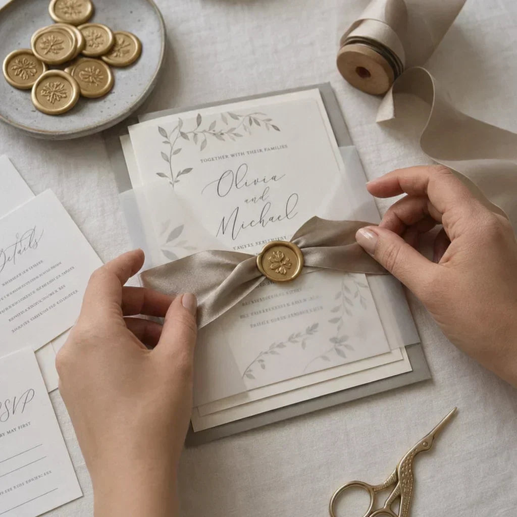 Luxury wedding invitation suite with pocket folder assembly, hand-dyed silk ribbon, and monogrammed wax seal