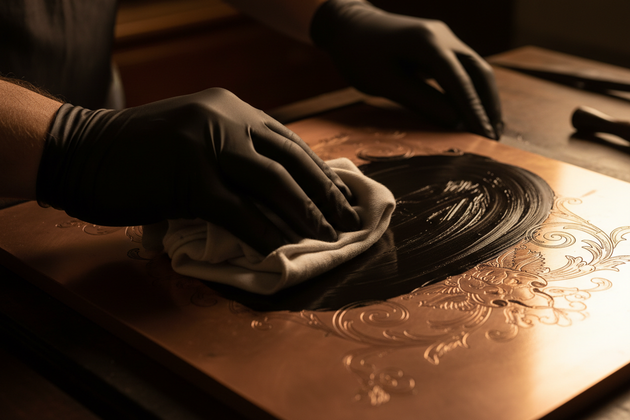 Lemargia artisan hand-wiping a copper invitation plate, leaving ink only inside the custom engraved wedding monogram grooves