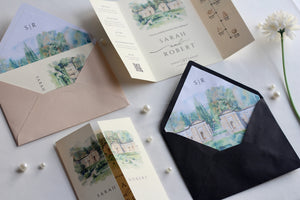 300gsm luxury cardstock watercolor wedding invitation with bespoke venue illustration