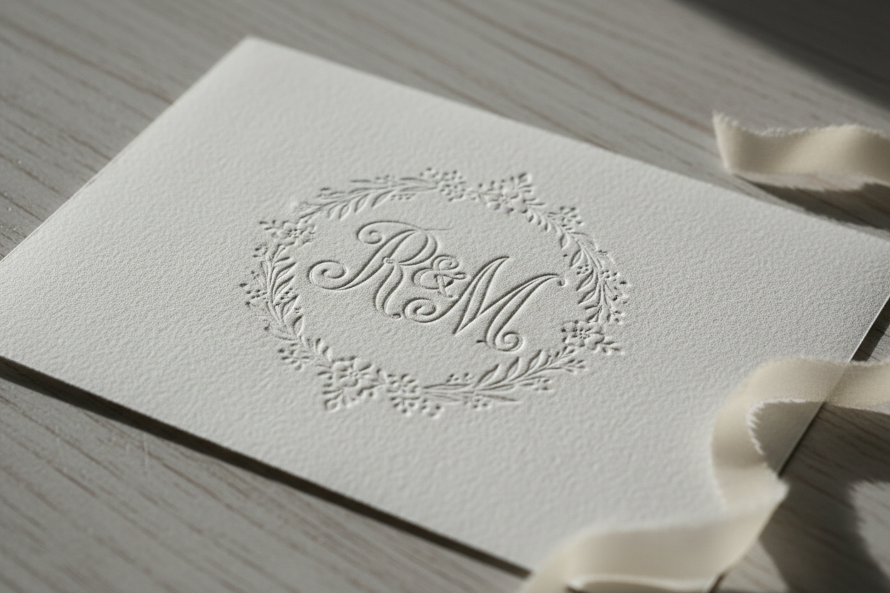 Blind emboss wedding invitation showing raised monogram detail on white cotton paper with no ink