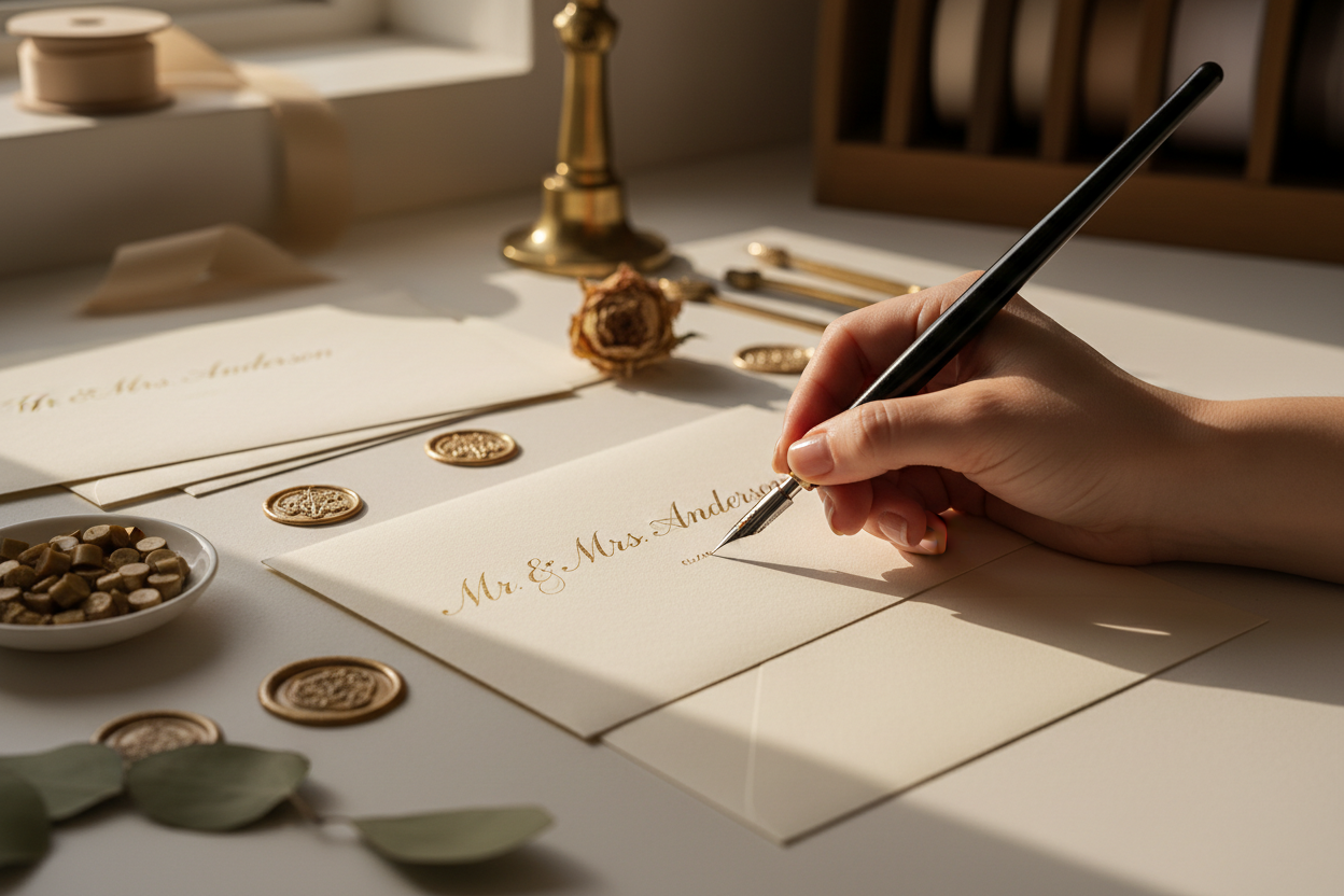 Calligrapher addressing a formal luxury wedding envelope in copperplate script with gold ink — Le Margia