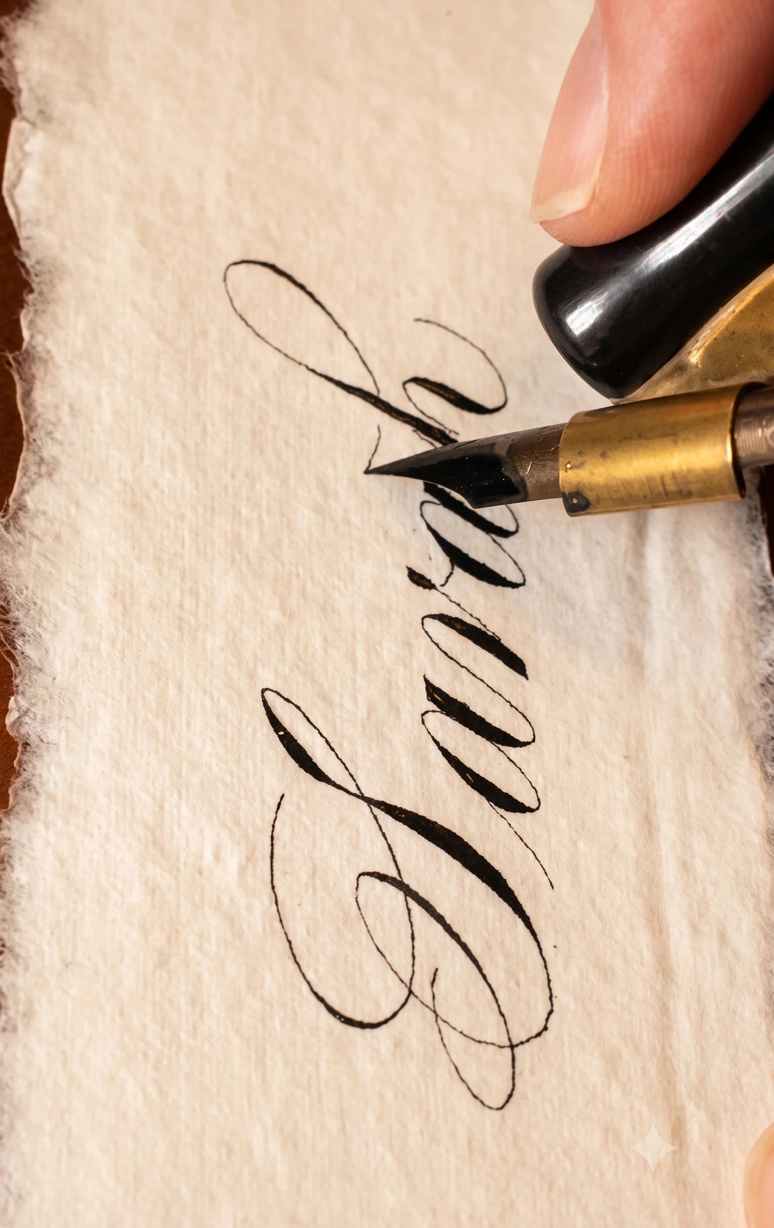 A close-up of a hand holding a gold and black calligraphy pen, writing elegant black cursive script on textured off-white paper.