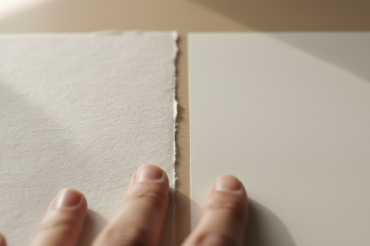 A close-up of a hand holding two sheets of paper side by side to compare their textures and colors, with one sheet showing a rough, handmade torn edge and the other being smooth and blank.