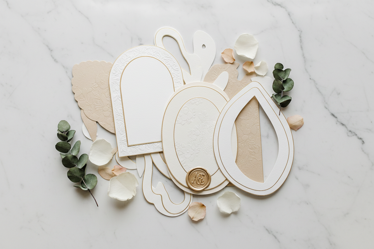 Custom die-cut wedding invitations in arch, oval, and organic shapes arranged on white marble