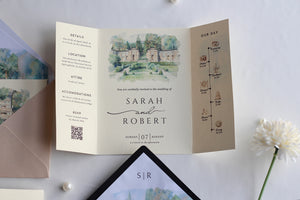 Custom gatefold watercolor venue wedding invitation open showing personalized design