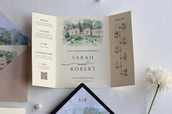 Custom gatefold watercolor venue wedding invitation open showing personalized design