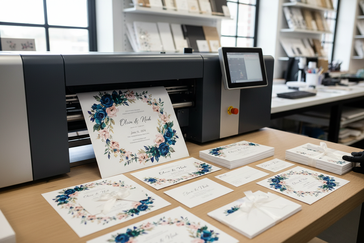 Digital flat printing press producing crisp full-color luxury wedding invitation suites