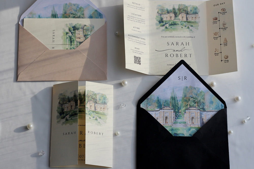 Gatefold watercolor wedding venue invitation with custom illustration and printed inner lined envelope