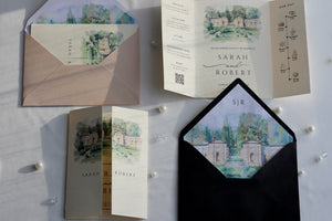 Gatefold watercolor wedding venue invitation with custom illustration and printed inner lined envelope