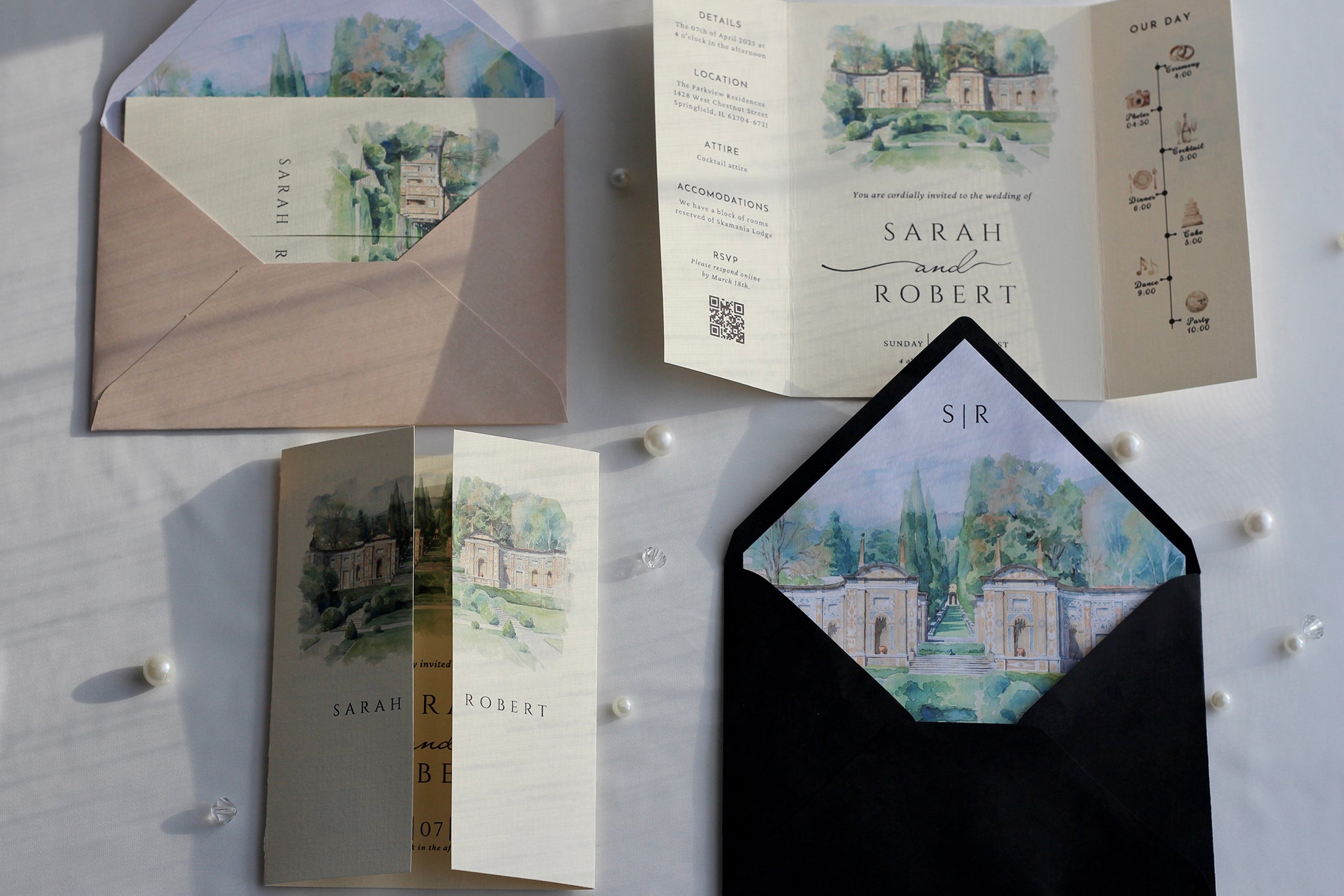 Gatefold watercolor wedding venue invitation with custom illustration and printed inner lined envelope
