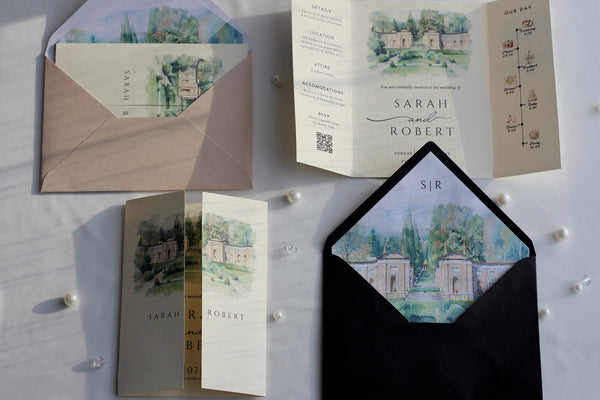 Gatefold watercolor wedding venue invitation with custom illustration and printed inner lined envelope