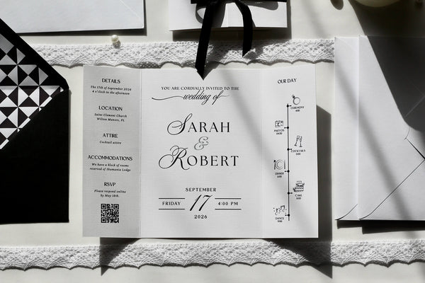 A white wedding invitation card laid flat on a lace-trim surface, surrounded by black-and-white stationery and accessories. The card features elegant script text reading 'Sarah & Robert' and event details.