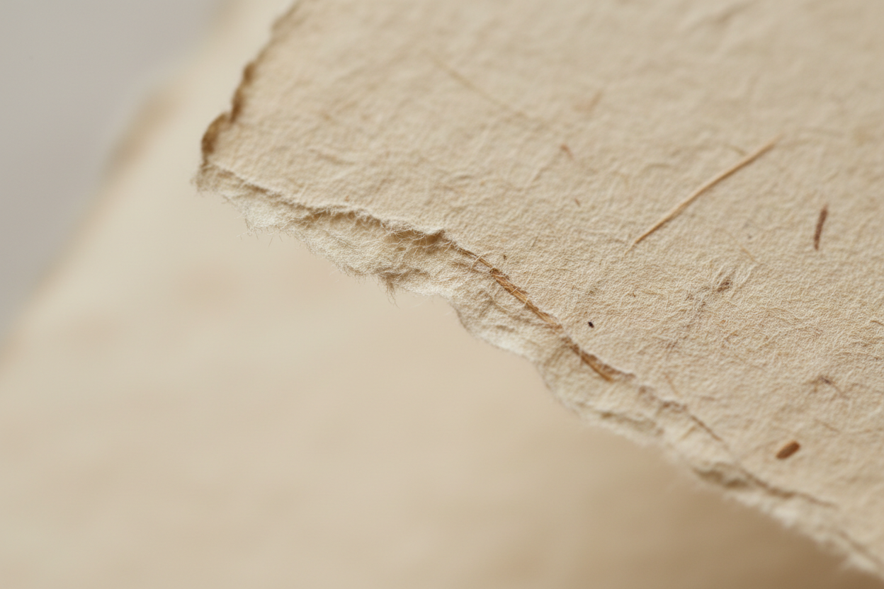 Handmade cotton rag paper sheets for luxury wedding invitations showing natural deckled edges and texture