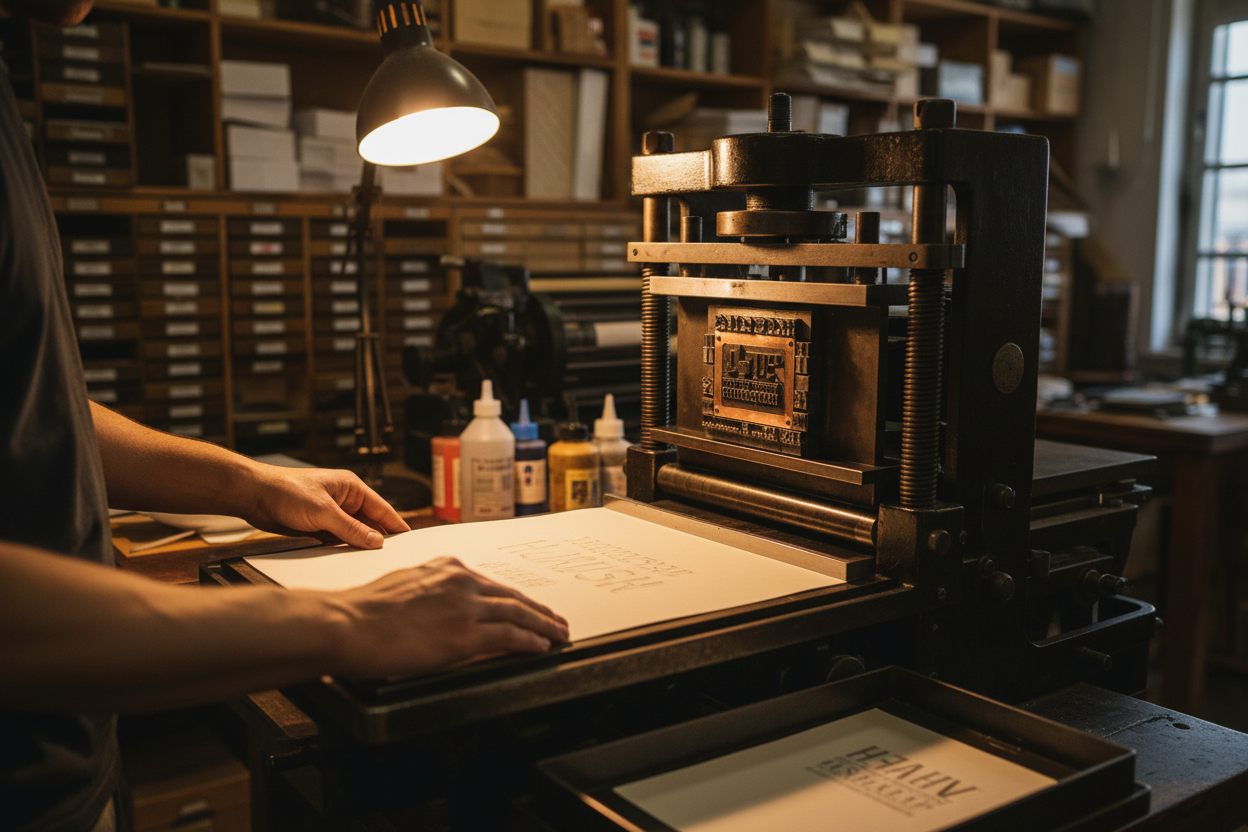 Heidelberg letterpress platen press printing luxury wedding invitations on thick cotton paper