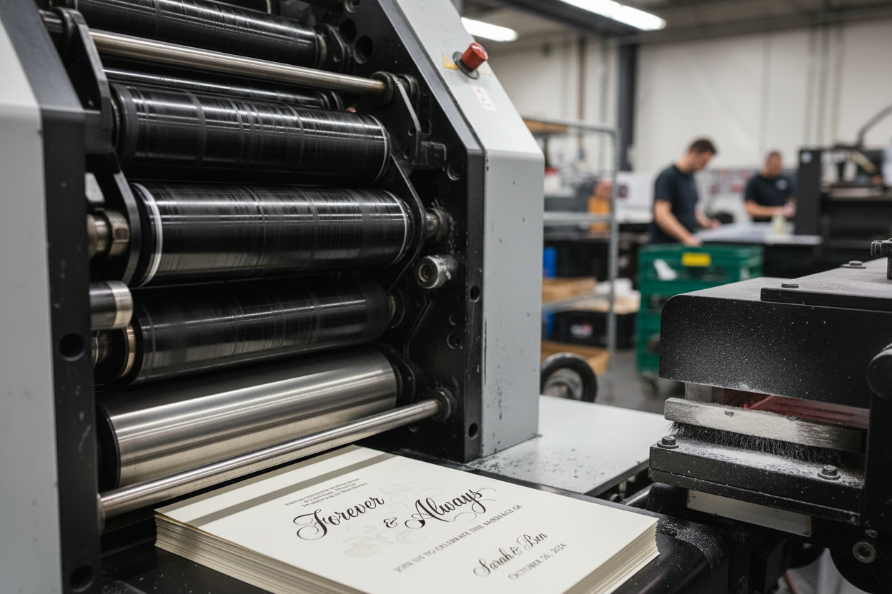Heidelberg offset press printing thermography wedding invitations with raised glossy lettering