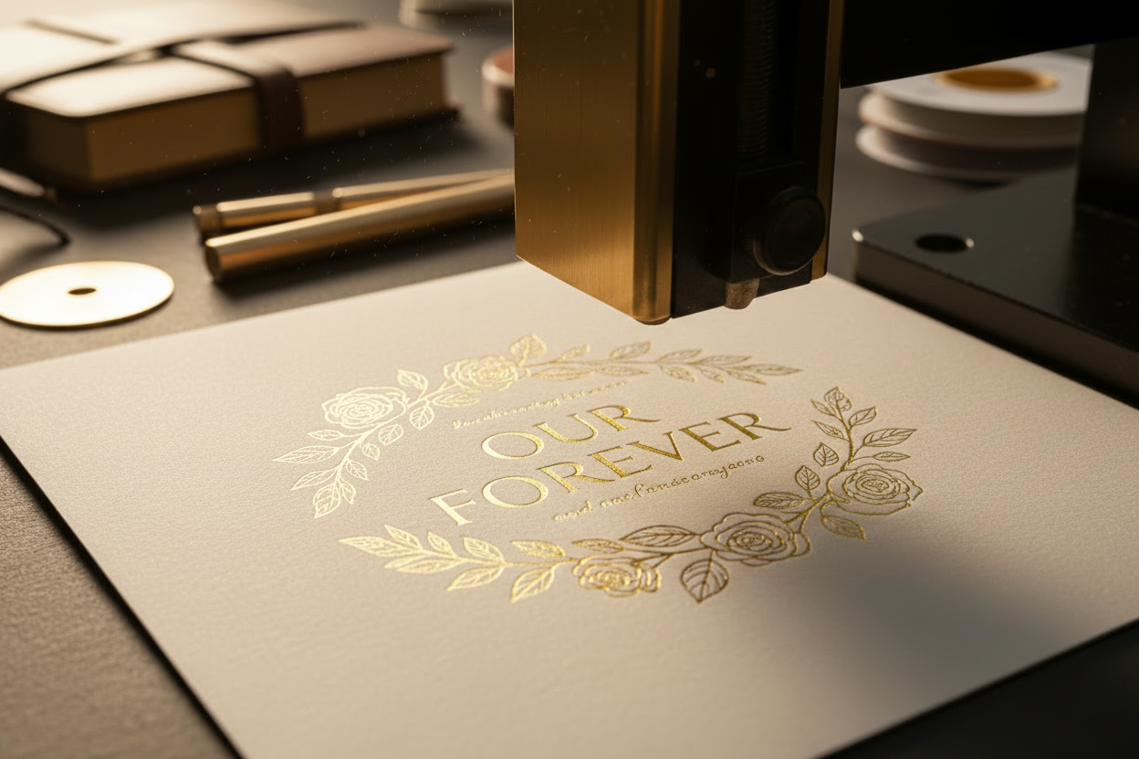 Hot foil stamping machine applying gold foil to luxury wedding invitation with botanical design