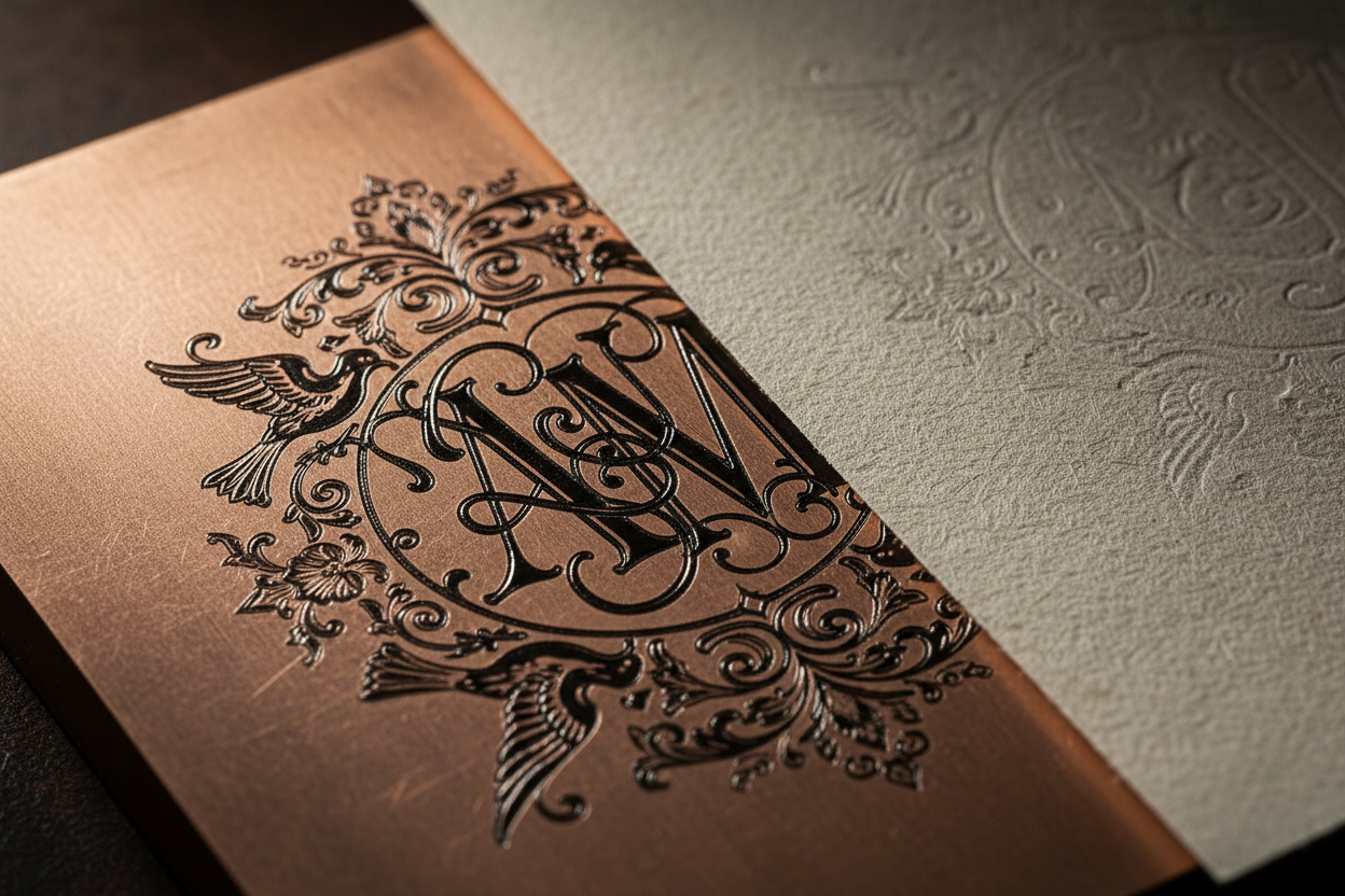 Close-up of engraved wedding invitation showing crisp raised ink lines from intaglio plate printing