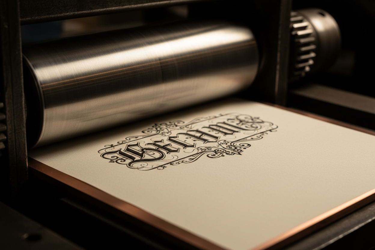 Intaglio engraving press printing luxury wedding invitations with deep recessed plate impression