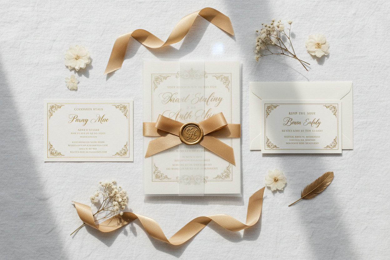 Full luxury wedding invitation suite unboxing with main card, details insert, RSVP card, wax seal, and vellum wrap.