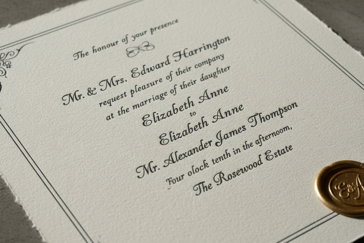 Formal luxury wedding invitation with classic serif wording including honour of your presence