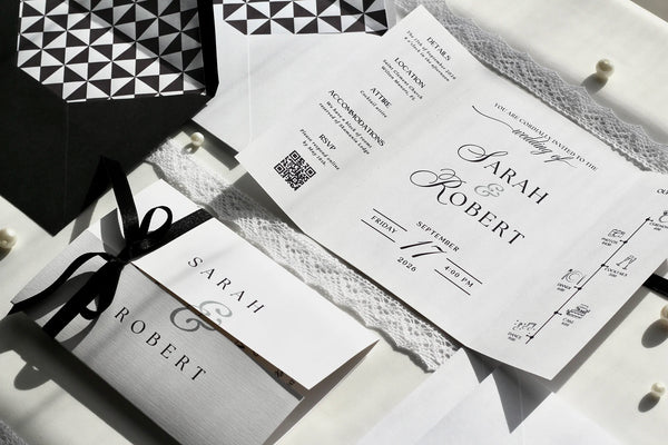 A styled flat-lay of a custom wedding invitation suite featuring a black and white geometric patterned envelope, a lace runner, a black ribbon, and printed invitation cards with elegant typography.