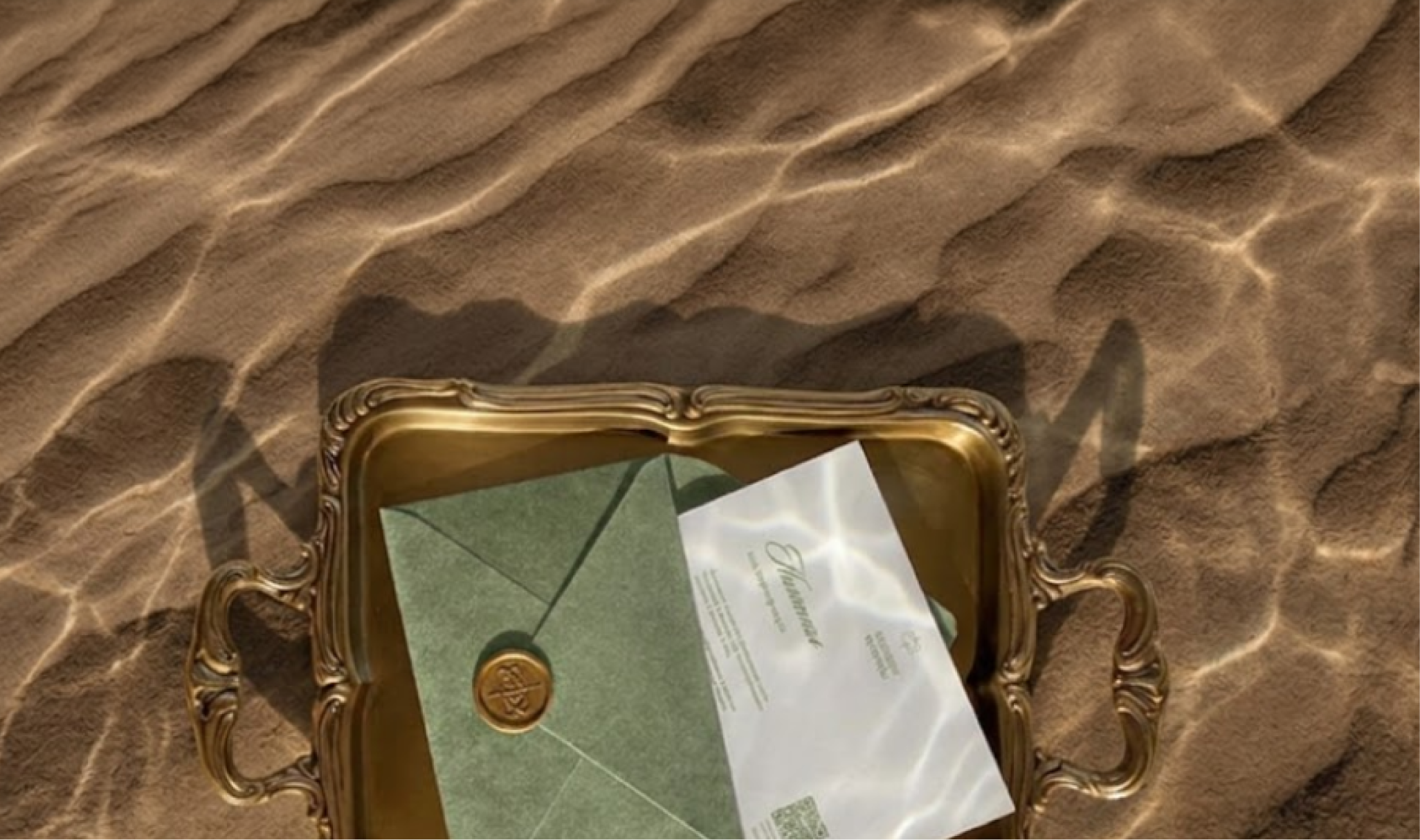 Decorative tray with a green card and white envelope on sand