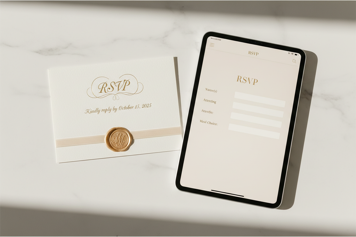 A luxury RSVP card with gold wax seal and an iPad displaying a digital RSVP form, styled together on a white marble surface