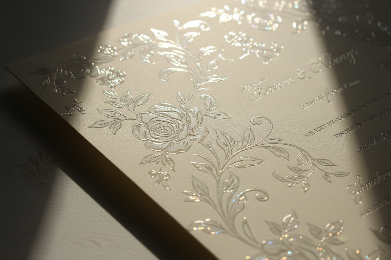 Spot UV coating on wedding invitation showing high-gloss varnish contrast over matte paper surface