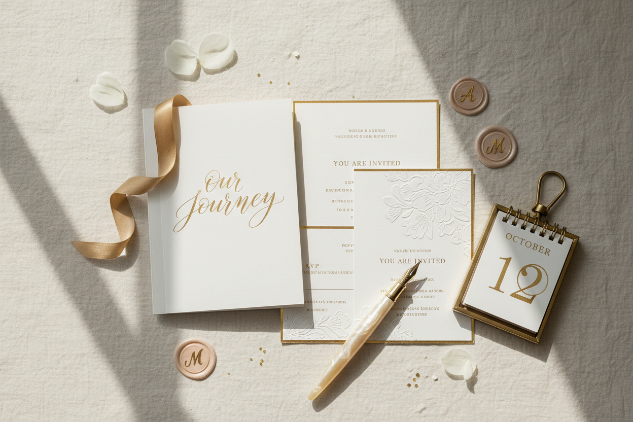 Luxury wedding stationery timeline flat lay with wax seals, calligraphy pen, and letterpress invitation suite — Le Margia