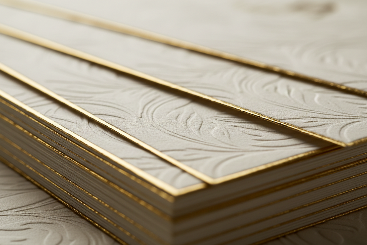 A close-up of stacked rectangular sheets with a textured embossed pattern and polished gold metallic borders, photographed on a matching light surface.
