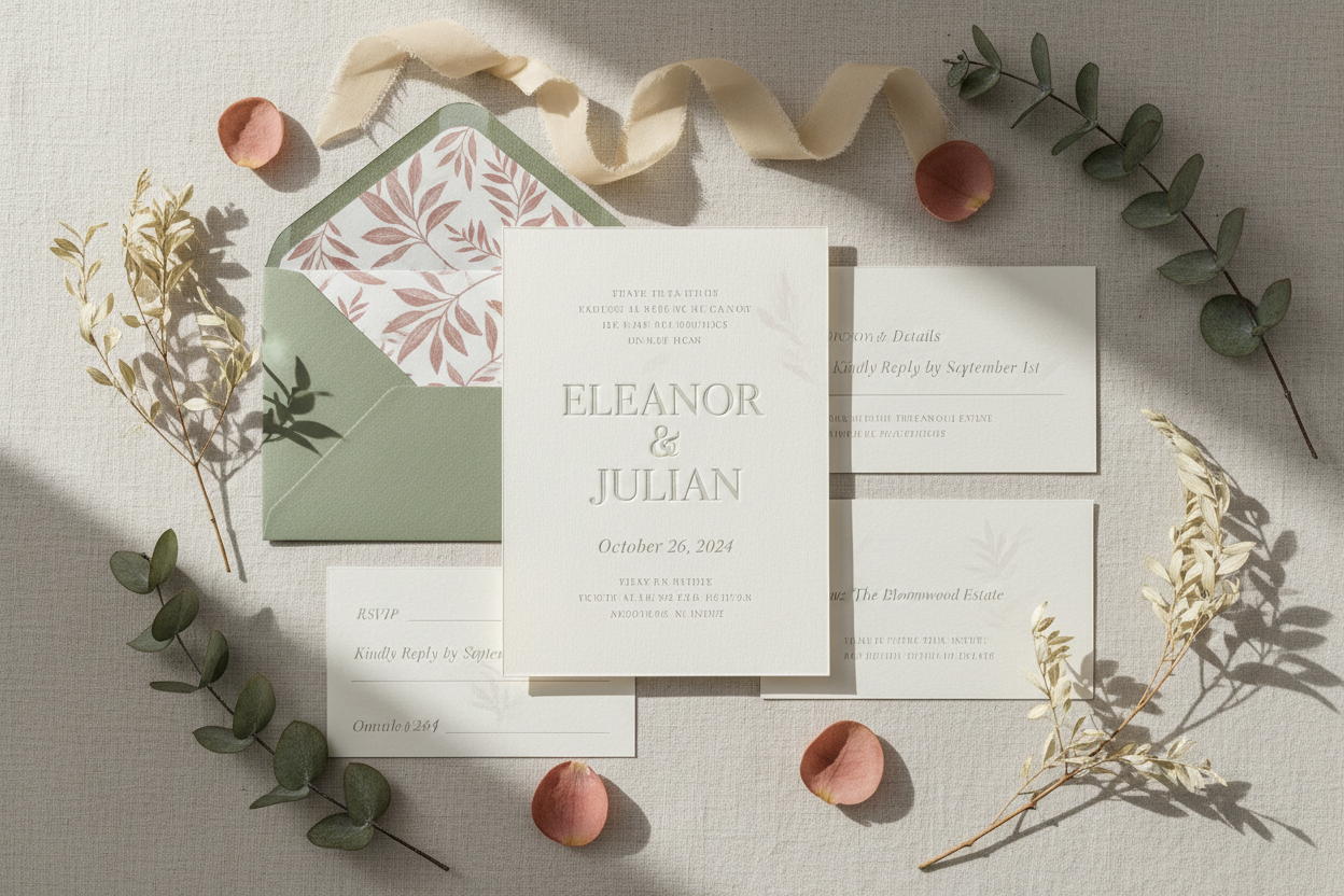 Luxury wedding invitation showcasing refined serif typography and a soft dusty rose, sage, and ivory color palette — Le Margia