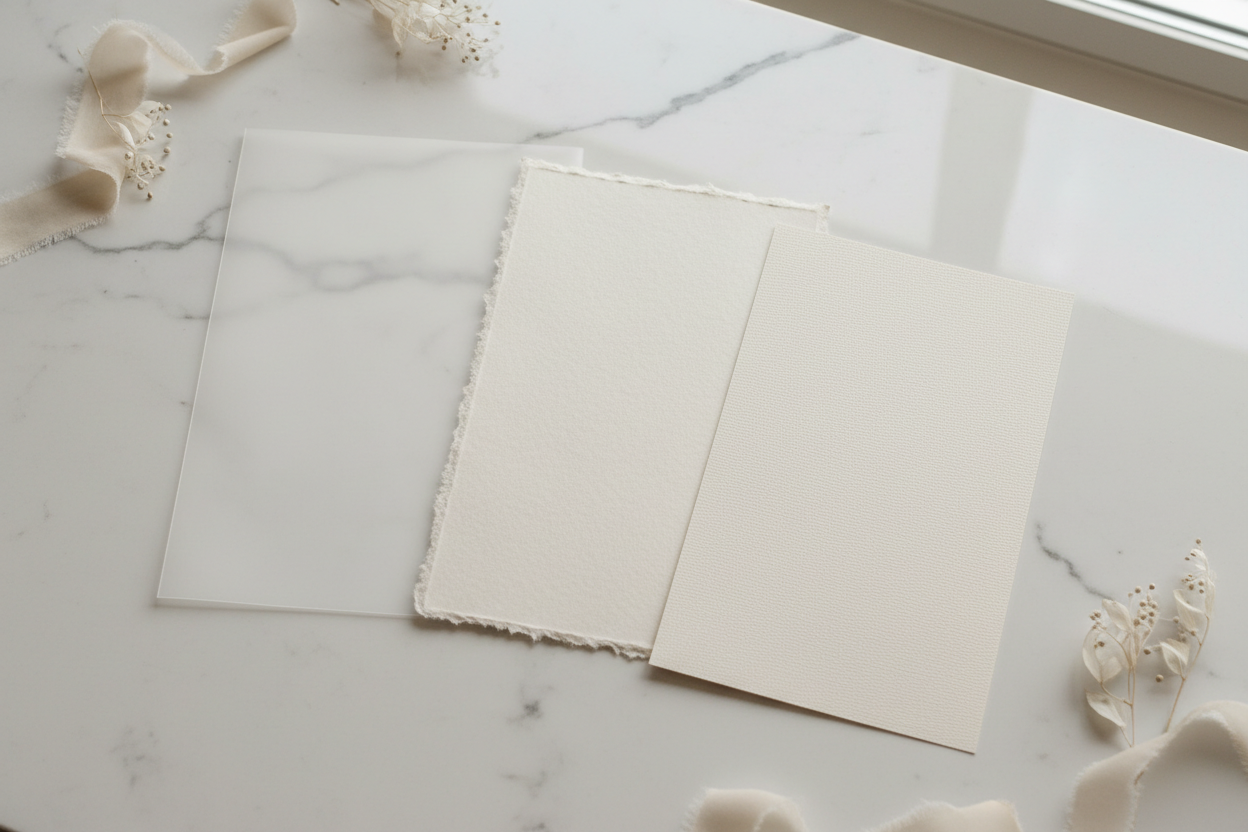 Three premium wedding invitation paper types displayed side by side: translucent vellum, soft cotton with deckled edges, and textured fantasy paper — a comparison of surface, weight, and tactile quality.