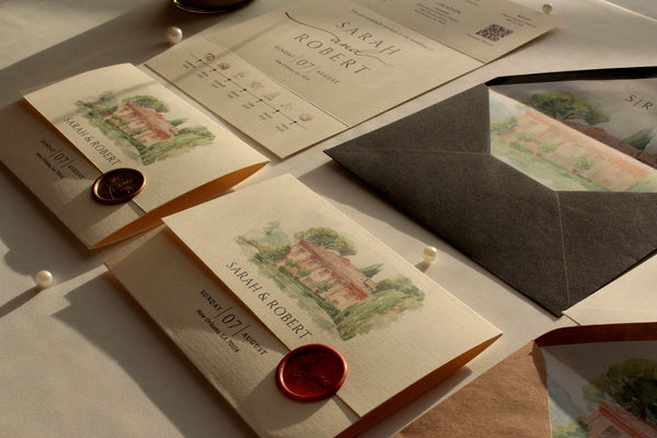 A styled flat-lay of elegant stationery featuring cream invitation cards with watercolor illustrations of a villa, a dark gray envelope, and red wax seals on a neutral surface.