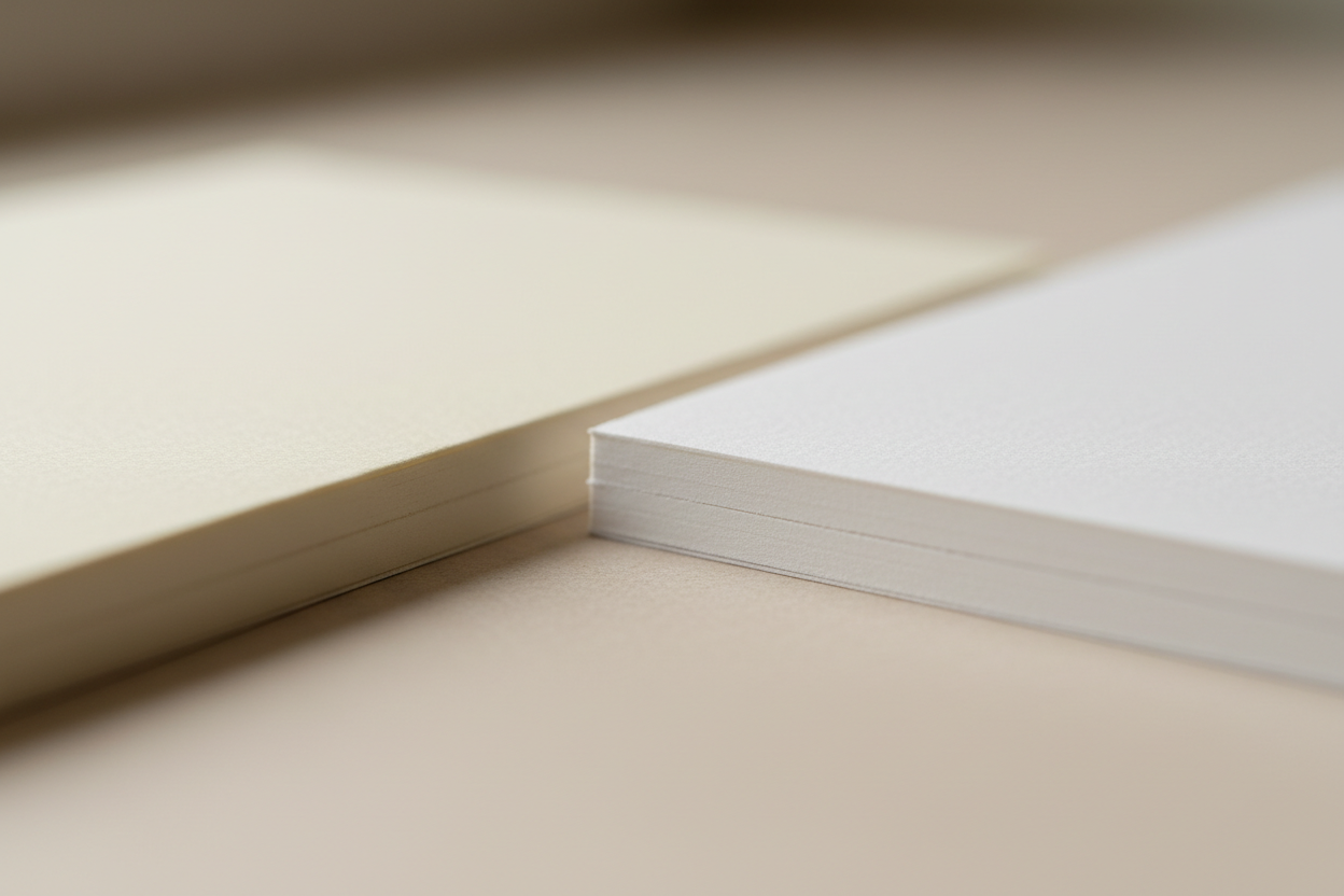 Two stacked sheets of paper, one cream-colored and one white, shown in a close-up, shallow depth-of-field shot on a neutral beige surface.